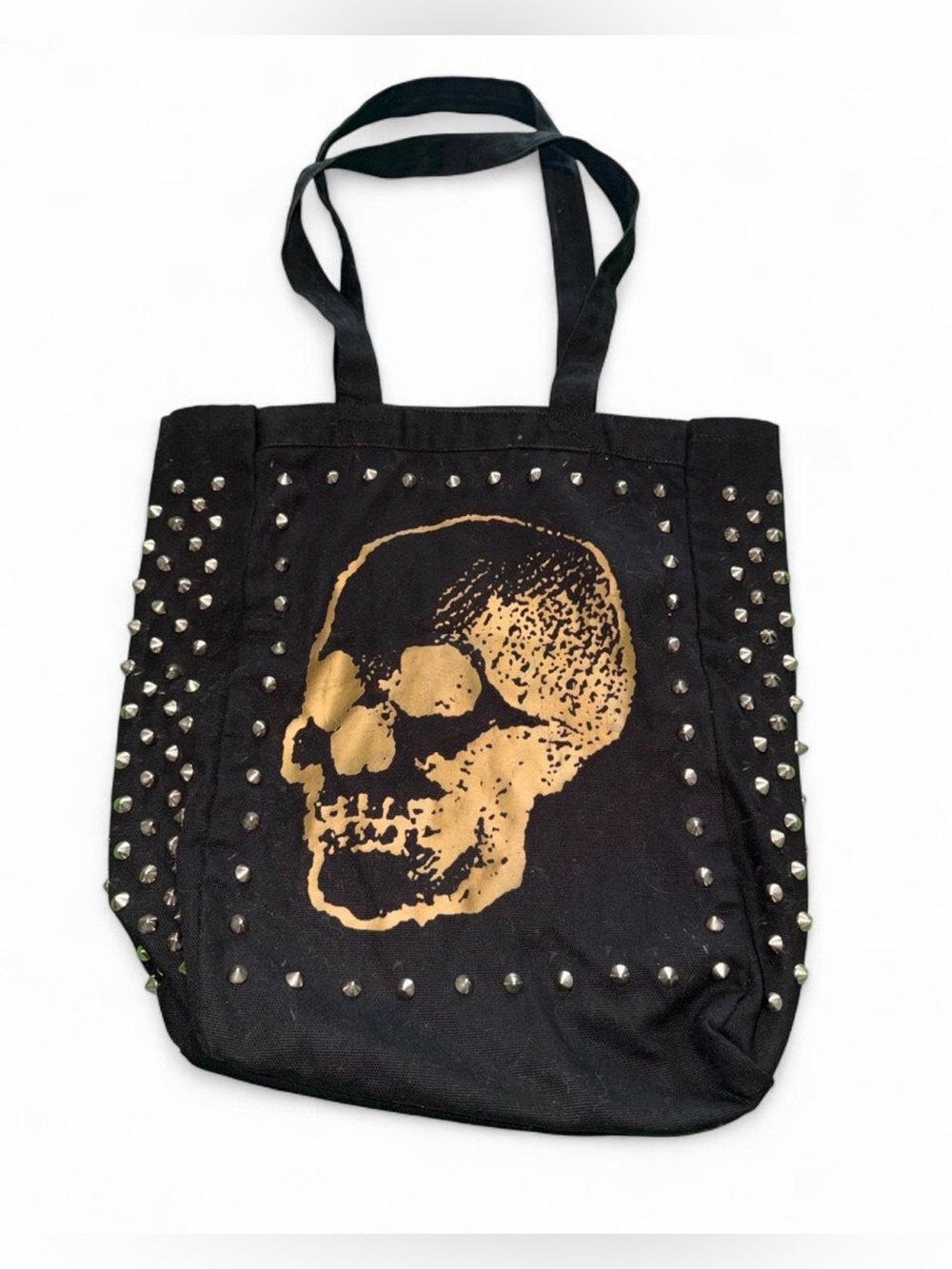 Black Studded Tote Bag with Gold Skull Graphic